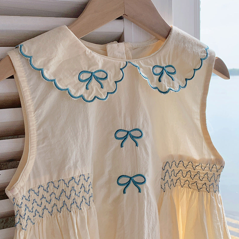 Summer Baby Kids Girls Vintage Sleeveless Bows Pattern Embroidery